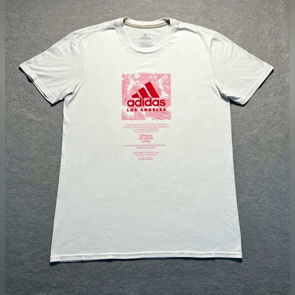 Adidas Los Angeles Three Stripe Life Graphic T-Shirt White Pink Medium Gym Tee